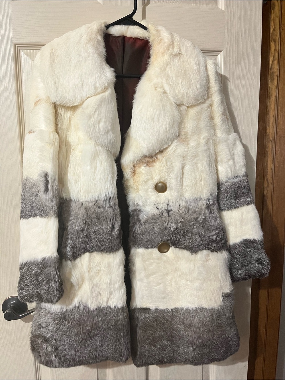 {Vintage Genuine Rabbit Fur} Coat Ivory Gray Patchwork Double Breasted